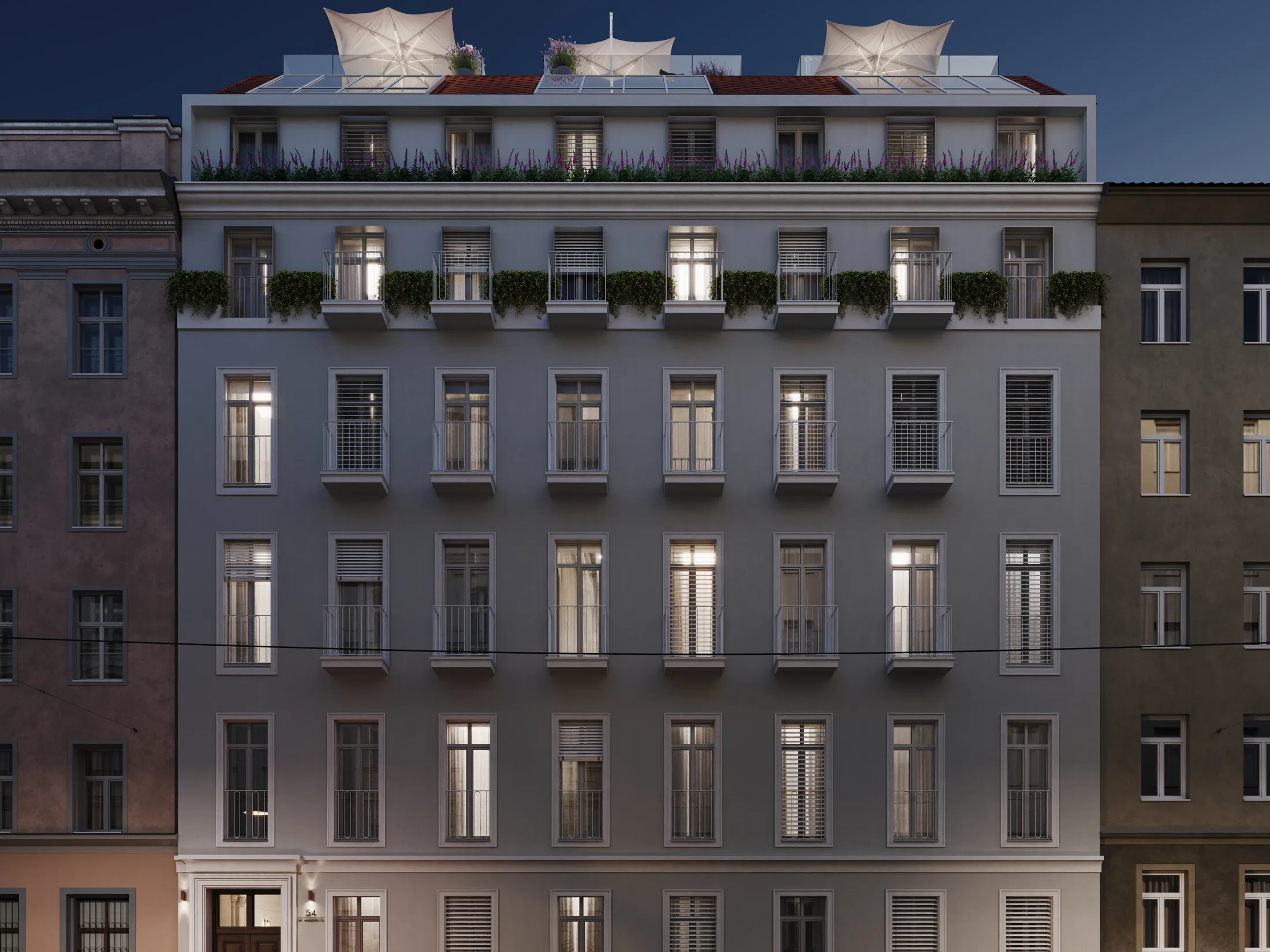 The façade on Untere Weißgerberstraße in evening light